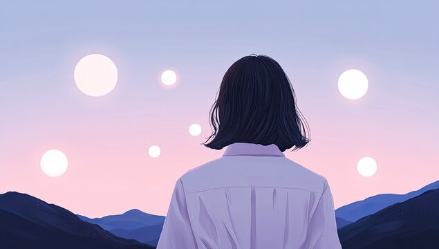 Woman gazing at ethereal moonscape