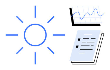 Sun symbolizing energy, data chart with rising trends, and stack of documents for analysis and productivity. Ideal for strategy, planning, efficiency, growth, innovation, motivation sustainability