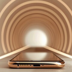 A gold smartphone rests on a surface, centered before a tunnel of concentric, glowing, beige circles that recede into a bright light
