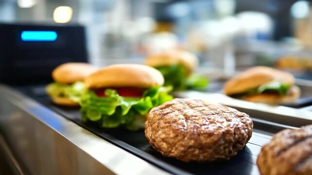 Digital Sensors Monitoring Moisture and Freshness of Plant Based Burgers on High Tech Production Line Clean Label Manufacturing with Patty Textures and Grill Marks in Focus with