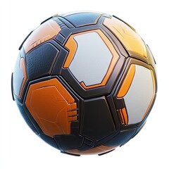 Futuristic soccer ball with orange, black, and white panels.  High-tech design