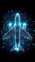 Futuristic aircraft blueprint this digital artwork features a futuristic airplane in a wireframe style, illuminated with blue lights against a black background, symbolizing technology