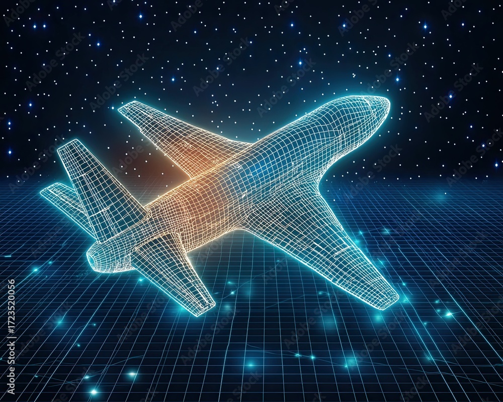 Poster futuristic aircraft blueprint a futuristic wireframe airplane floats in a digital universe, highligh