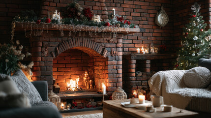 Christmas Living Room with Fireplace and Holiday Lights