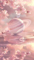 A pastel pink planet with rings floats on calm water, reflected perfectly, surrounded by delicate cherry blossoms in a dreamy, ethereal setting