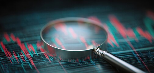 The magnifying glass over financial data analysis and trends visualization