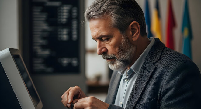 Focused mature businessman working diligently at his computer in office setting professional corporate executive serious concentration detail oriented task management