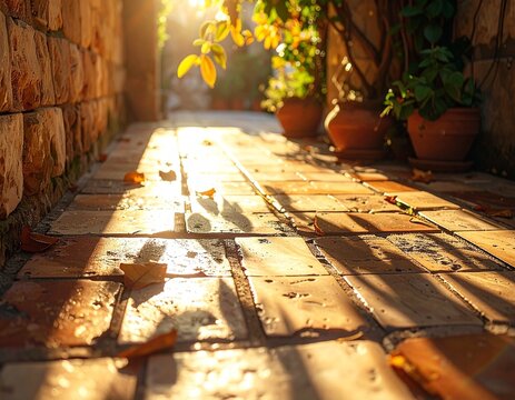 Autumn leaves on the dark wooden floor of an old abandoned stone house