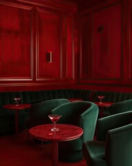 A dimly lit, intimate lounge area with rich red walls, dark green velvet seating, and small marble-topped tables, each holding a cocktail glass