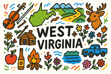 Wilderness adventure icon set. west virginia outline collection of nature icons.