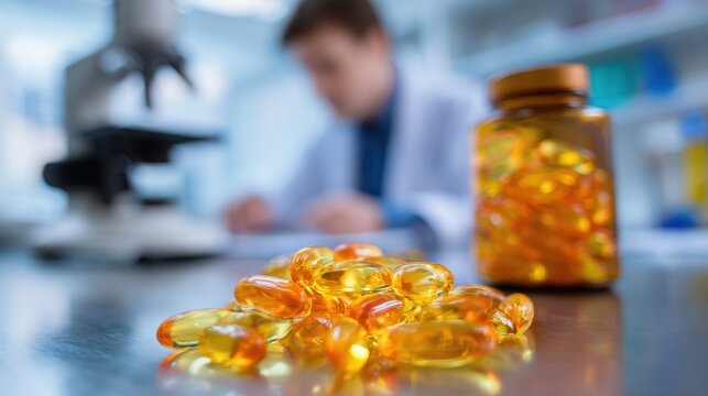 Closeup of scientist analyzing vitamin capsules in a lab main bottle sharply focused with blurred instruments in background