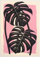 A stylized print features two large, black monstera leaves against a light pink background.  The leaves are simplified, with bold outlines and minimal detailing