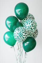 A cluster of emerald green and white spotted balloons against a plain white backdrop.  The balloons are tied together with ribbons
