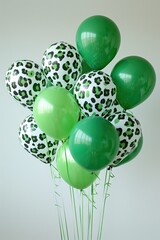 A cluster of green and leopard-print balloons, tied together with green ribbons, against a white backdrop