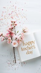 Overhead shot of a small open book with gold lettering reading "Happy Teacher's Day," next to a delicate pink blossom branch and scattered gold and pink confetti on a white surface