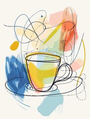 Abstract artwork depicting a coffee cup and saucer with pastel-colored brushstrokes and swirling lines in the background, creating a dynamic and whimsical feel