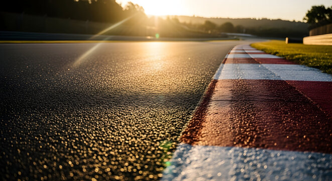 Sunrise at the racetrack asphalt road curve racing speed competition morning sun daybreak track