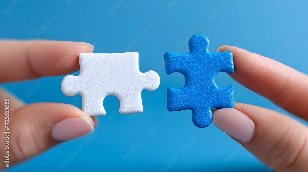 Poster two hands connecting two puzzle pieces, representing the power of collabo n and integ n to solve com