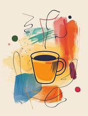A stylized illustration of a steaming mug of coffee set against a backdrop of abstract, colorful brushstrokes and swirling lines