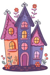 Three whimsical, fairytale-style houses with pointed roofs, windows, and doors, nestled amongst flowers and greenery