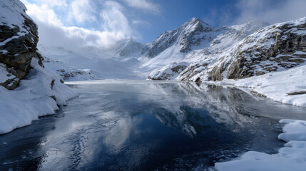 Obraz premium Snowy Mountain Lake Landscape – Winter Nature Scenic View