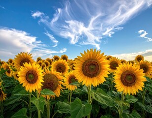 Fototapeta premium Radiant Sunflowers Bloom Under a Striking Blue Sky Filled with White Clouds in a Summer Field, Creating a Beautiful and Vibrant Landscape