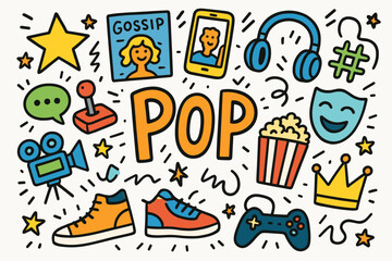 Pop culture doodle icon set. fun, entertainment, social media line icons collection