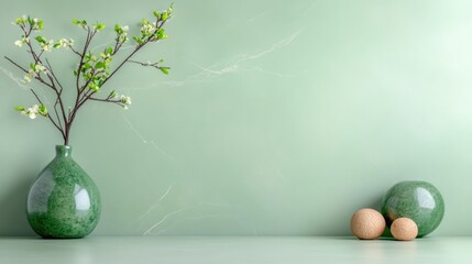 Serene Spring Still Life: Green Vase with Blossoming Branch and Decorative Spheres