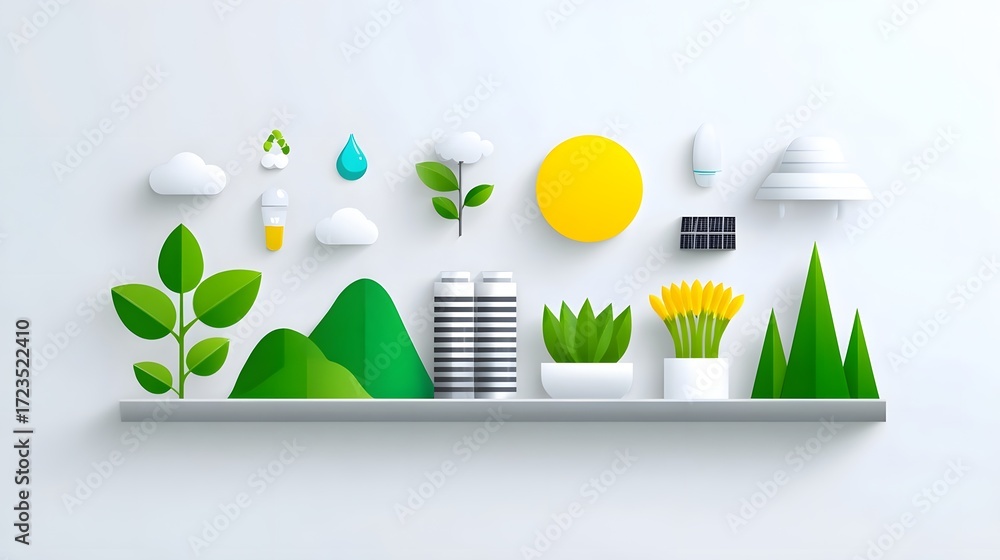 Poster a minimalist shelf display featuring green leaves, mountains, clouds, and solar-powered design eleme