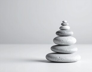 Black zen stones stacked in a smooth pyramid on a wooden table for balance and harmony