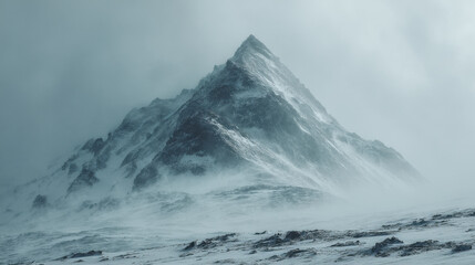 Obraz premium Snowy Mountain Peak in Mist – Winter Landscape Photo