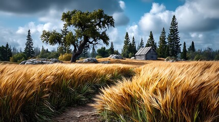 A vast golden wheat field sways violently under a turbulent sky, with dark cypress trees twisting like shadows against swirling clouds. The sunlight breaks through in patches