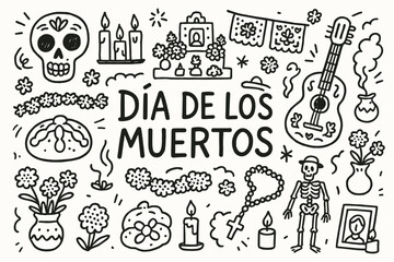 Day of the dead outline icon set. traditional mexican holiday symbols in line style