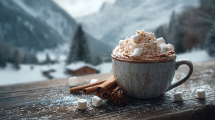 Fototapeta premium Hot Chocolate with Marshmallows – Cozy Winter Drink in Mountains