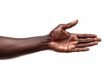 A close-up studio shot of a dark-skinned person's arm and hand outstretched, palm up, against a bright white background.  The image is sharply focused, highlighting the texture of the skin