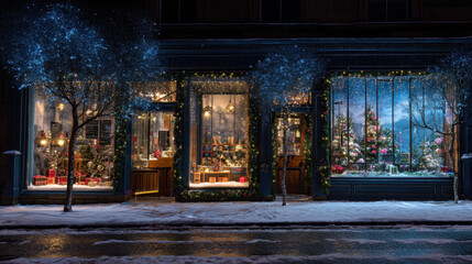 Obraz premium Christmas Storefront with Holiday Lights – Festive Winter Street Photo