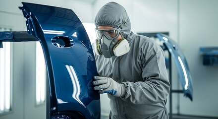 Professional Auto Body Repair: Technician Inspecting Freshly Painted Car Part in a Modern Workshop.