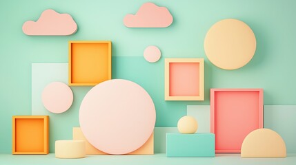 Colorful geometric shapes on pastel background decor design