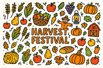 Harvest festival icon set: colorful flat icons of autumn and farming elements
