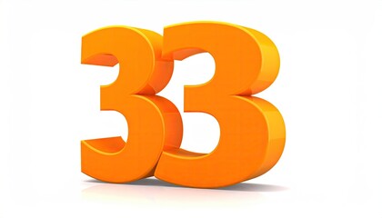 A 3D rendering of the number thirty-three, bright orange, set against a stark white background, with a subtle reflection beneath