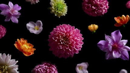 A lush, vibrant display of various types of flowers in full bloom, including dahlias, daffodils, and other ornamental blossoms against a dark background