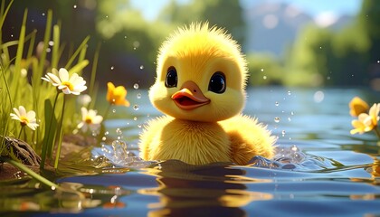 Cute duckling in a sunny pond