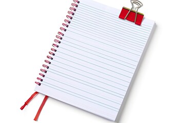 A clean, spiral-bound notebook with red lined paper and a red binder clip lies on a white background.  The red ribbon bookmark is partially visible