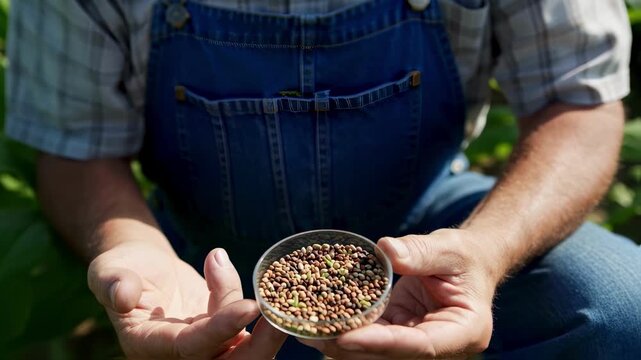 Closeup medium shot of a farmer inspecting hybrid tobacco seeds focusing on the blend of traits and enhanced growth potential under natural light.