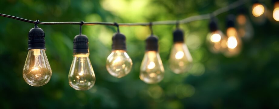 The String Lights Hanging Above a Garden Creating Warm Cozy Outdoor Evening Atmosphere