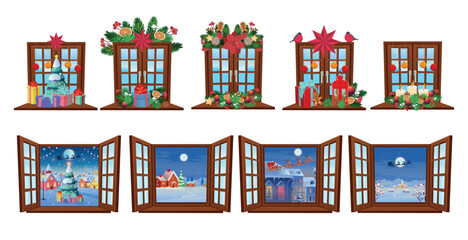 Set of wooden vector windows. Open and closed window. Set of closed windows decorated for Christmas. Christmas tree, lanterns, cones, gifts. Christmas party. Set of decorations vector.