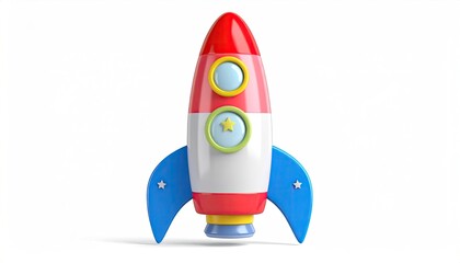 A colorful cartoon rocket ship, rendered in 3D, floats against a white background, casting a small shadow.  Its design is simplistic and playful, featuring rounded edges and primary colors