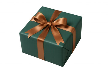 Green gift box with gold ribbon and bow, celebrating surprise, giving, birthday, christmas, or anniversary