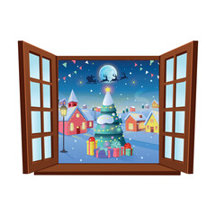 Wooden vector window. Christmas window. Closed window decorated for Christmas. Christmas tree, lanterns, cones, gifts. Christmas party. Set of decorations vector.