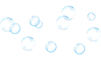 Transparent Light Blue Soap Bubbles Floating on Clean White Background